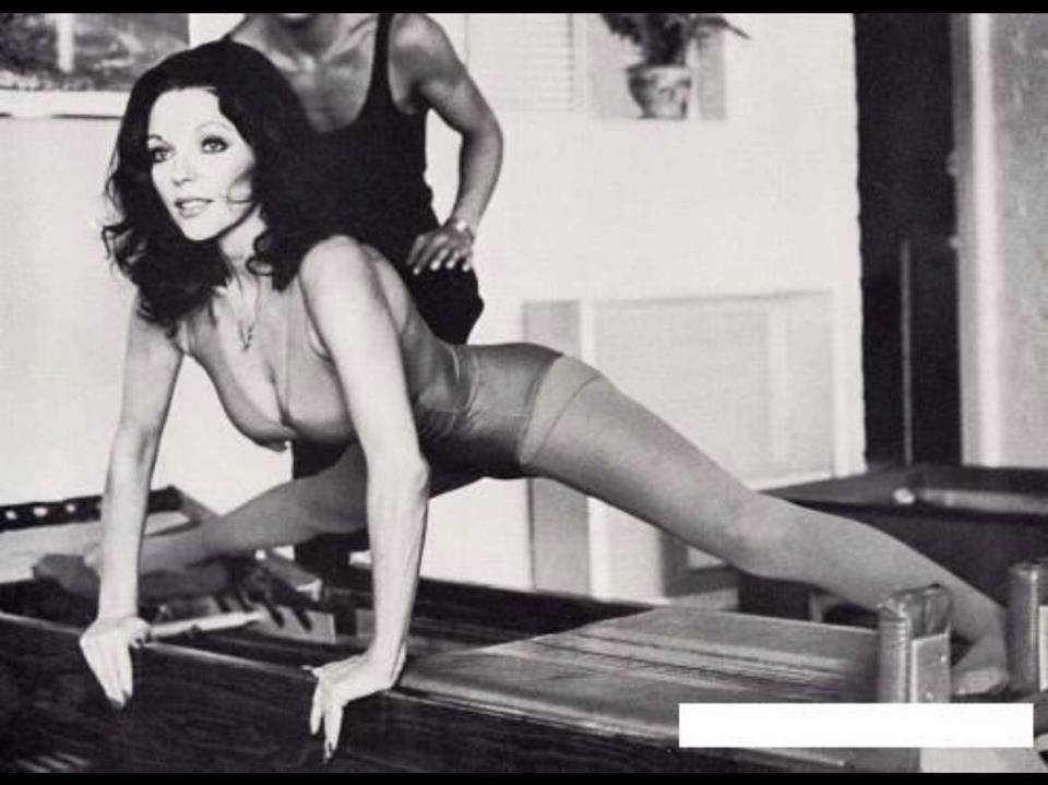 writer Joan Collins showing a Pilates Reformer exercises
